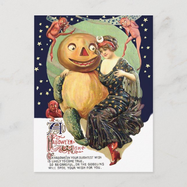 Woman in company of Jack O' Lantern and goblins Postcard (Front)