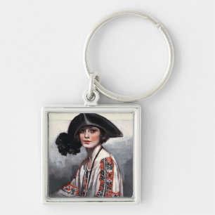 Woman in Embroidered Blouse Key Ring