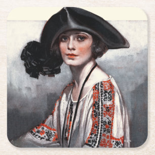 Woman in Embroidered Blouse Square Paper Coaster
