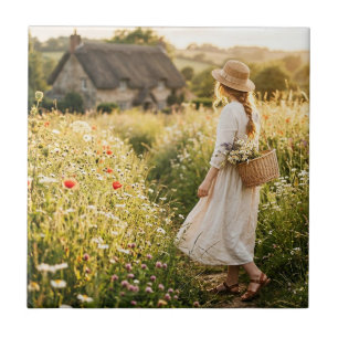 Woman in Field of Wheat Ceramic Tile