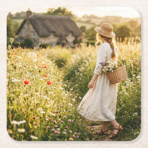 Woman in Field of Wheat Square Paper Coaster