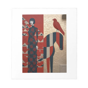 Woman in flowered dress, chequered horse & redbird notepad