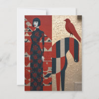 Woman in flowered dress, chequered horse & redbird