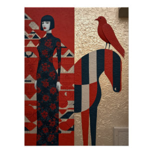 Woman in flowered dress, chequered horse & redbird poster