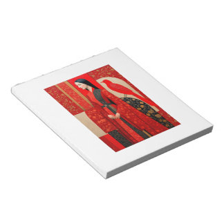 Woman in flowered red floral dress & a red bird notepad