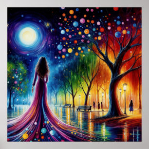 Woman in flowing gown walking in colorful forest poster