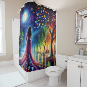 Woman in flowing gown walking in colourful forest shower curtain