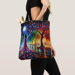 Woman in flowing gown walking in colourful forest tote bag