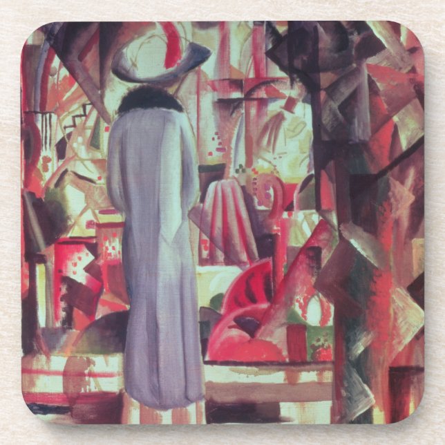 Woman in front of a large illuminated window coaster (Front)