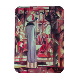 Woman in front of a large illuminated window magnet