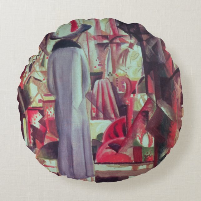 Woman in front of a large illuminated window round cushion (Front)