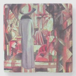 Woman in front of a large illuminated window stone coaster