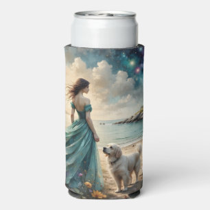 Woman in Gown with Dog -Lighthouse beach Seltzer Can Cooler