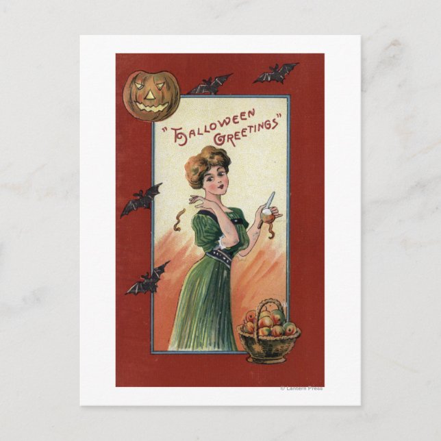 Woman in Green Dress Peeling Apple Postcard (Front)