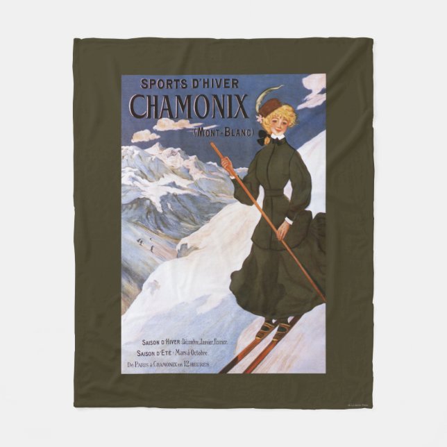 Woman in Green Skiing Poster Fleece Blanket (Front)