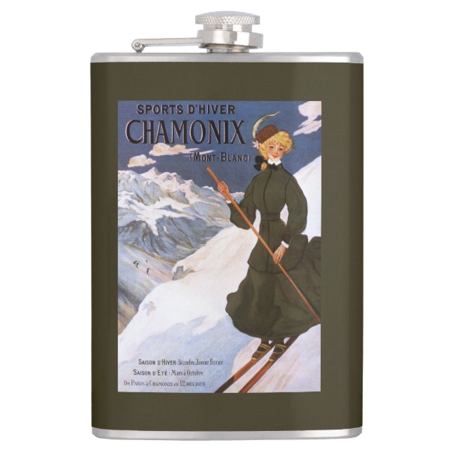 Woman in Green Skiing Poster Hip Flask (Front)