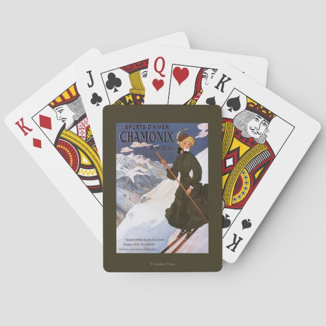 Woman in Green Skiing Poster Playing Cards (Back)