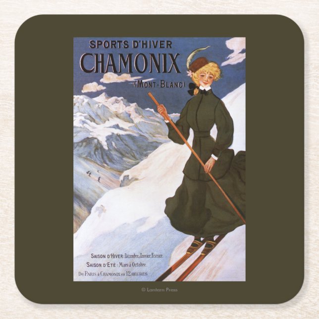 Woman in Green Skiing Poster Square Paper Coaster (Front)