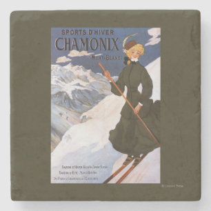 Woman in Green Skiing Poster Stone Coaster