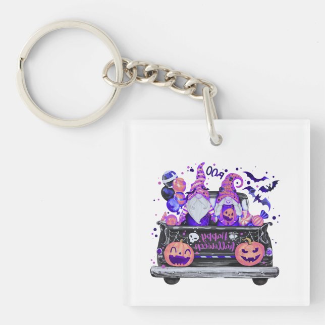 Woman in Halloween Gnomes Pickup Truck Hat Key Ring (Front)