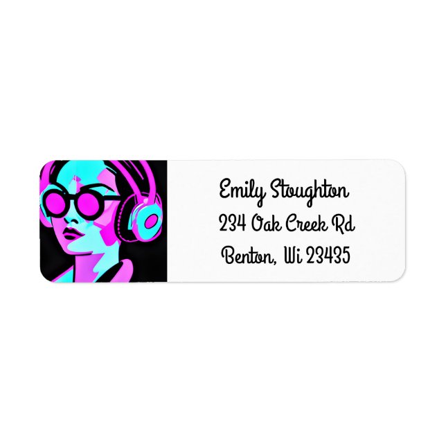 Woman in Headphones Pink and Teal Return Address Label (Front)