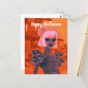 Woman in Orange and Pink Halloween Postcard
