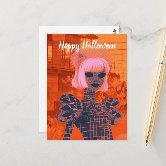 Woman in Orange and Pink Halloween Postcard (Front/Back In Situ)
