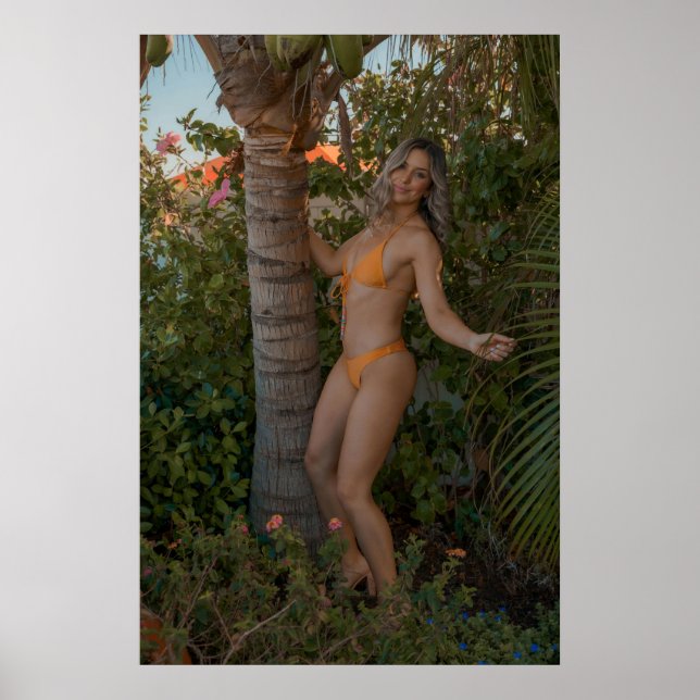 Woman In Orange Bikini By Tropical Palm Tree Poster (Front)