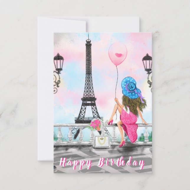 Woman In Paris Birthday Card with Eiffel Tower (Front)