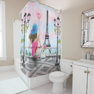 Woman in Paris Eiffel Tower Shower Curtain