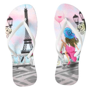 Woman In Paris Flip Flops with Pink Heart Balloon