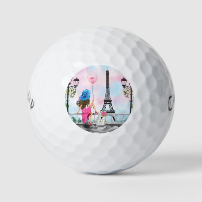 Woman In Paris Golf Balls Eiffel Tower Gift (Front)