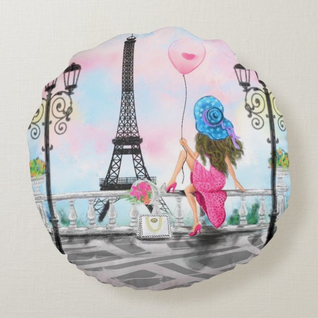 Woman In Paris Round Pillow with Eiffel Tower (Back)