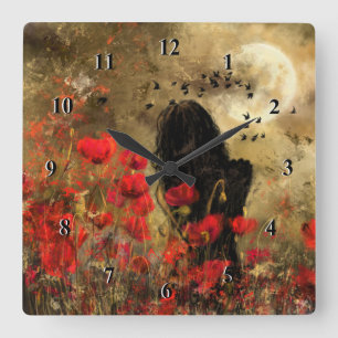 Woman In Poppy Field Art Painting Wall Clock