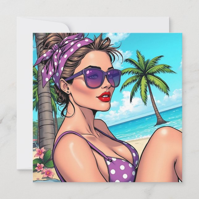 Woman in Purple Polka Dot Bikini on Beach Blank Card (Front)