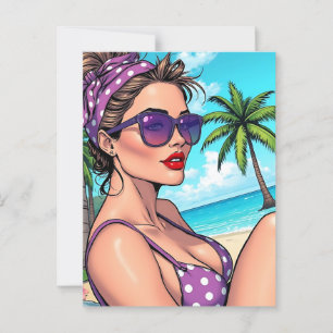 Woman in Purple Polka Dot Bikini on Beach  Postcard