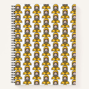 woman in raincoat notebook