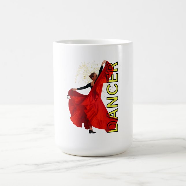 Woman in red dress dancing coffee mug (Center)
