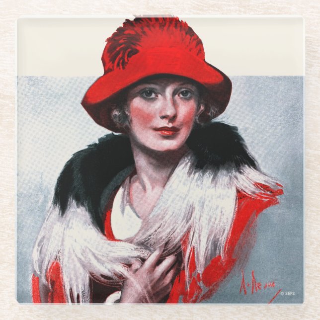 Woman in Red Hat Glass Coaster (Front)