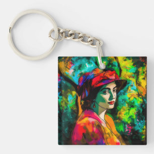 Woman in Red Hat Key Ring