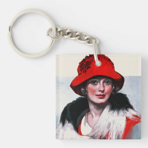 Woman in Red Hat Key Ring