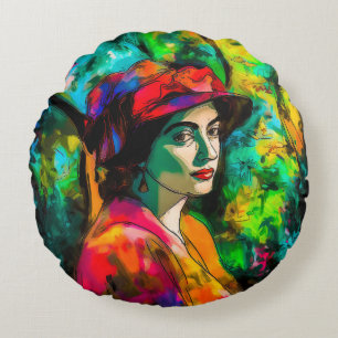 Woman in Red Hat Round Cushion