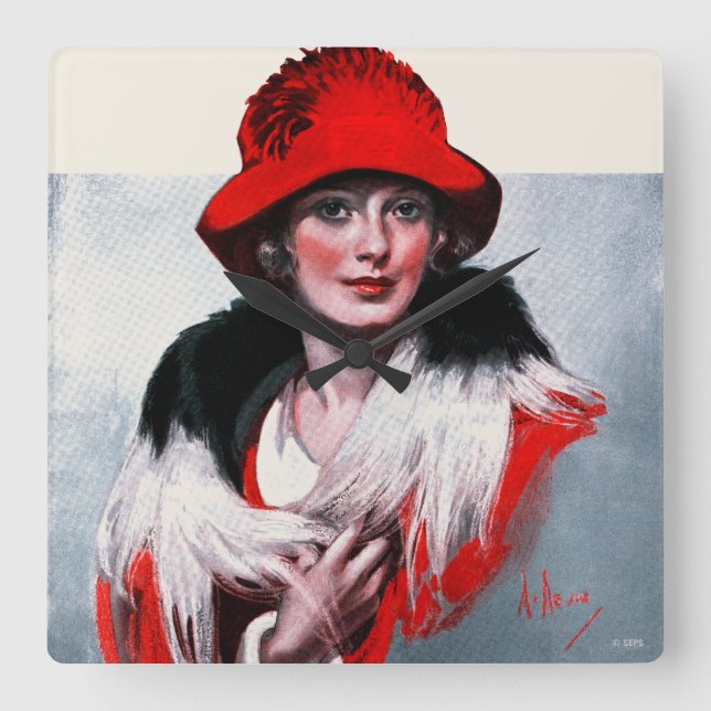 Woman in Red Hat Square Wall Clock (Front)
