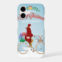 Woman in Red Riding Bicycle Merry Christmas Phone