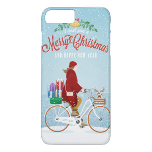 Woman in Red Riding Bicycle Merry Christmas Phone iPhone 8 Plus/7 Plus Case
