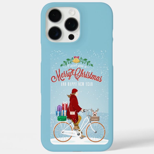 Woman in Red Riding Bicycle Merry Christmas Phone Case-Mate iPhone Case (Back)