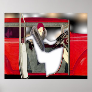 Woman in Red Sports Car Poster