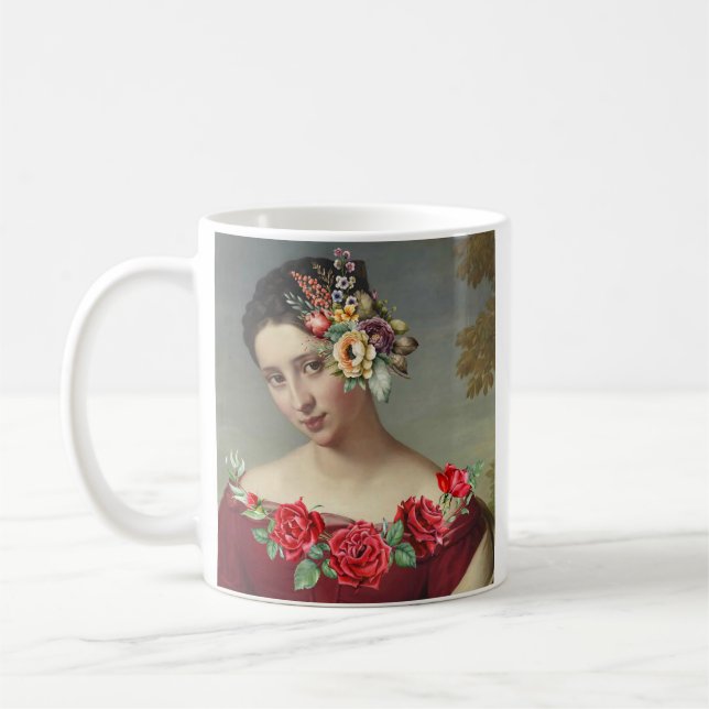 Woman in Red with flowers and Quote. Coffee Mug (Left)