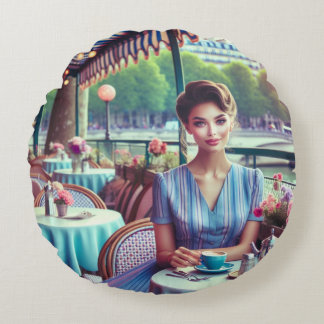 Woman in restaurant round cushion