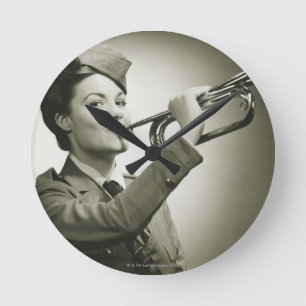 Woman in Soldier Uniform Round Clock